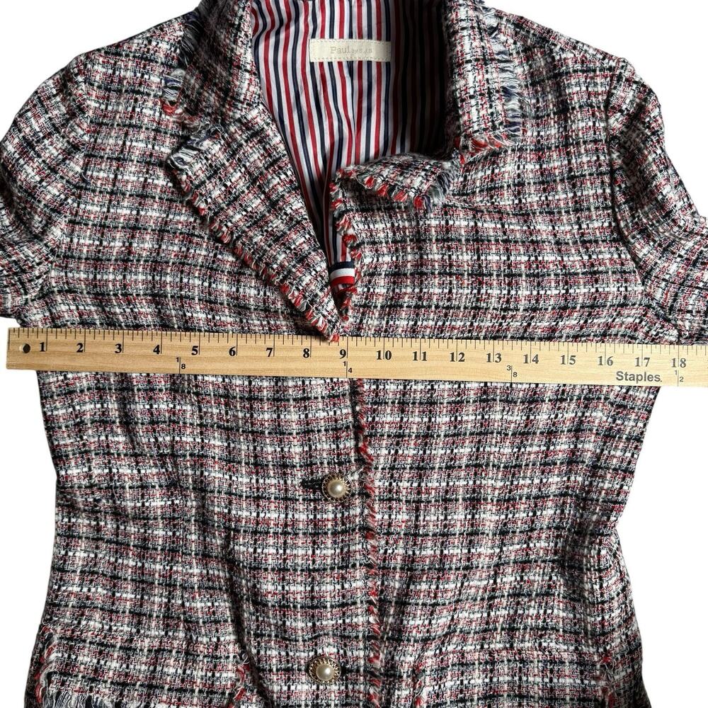 Paul by S.J.S. Tweed Blazer Jacket Red White Blue Fringe Trim Size 8 Patriotic - Picture 3 of 7